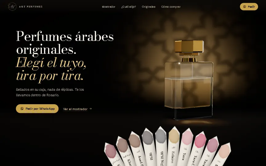 Portada de la demo de A&T Perfumes en la computadora, con un frasco iluminado