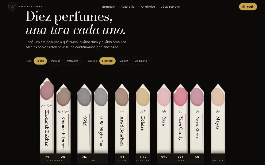 Mostrador de la demo de A&T Perfumes: diez tiras de prueba con el nombre de cada perfume