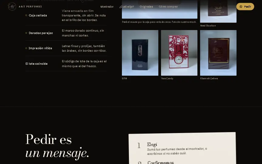 Demo de A&T Perfumes en la computadora: Pedir es un mensaje