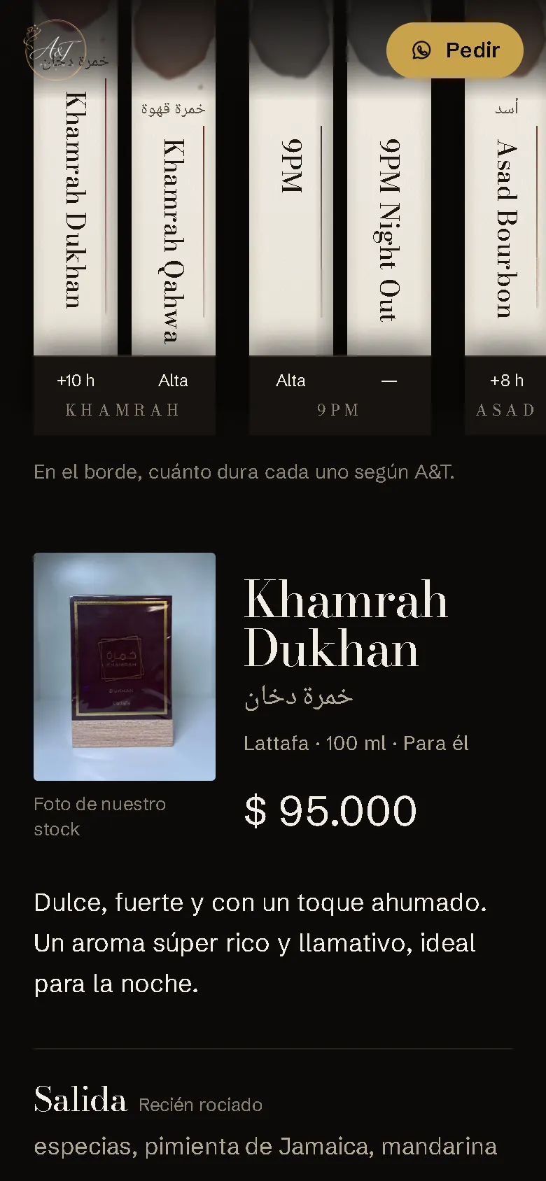 Ficha de un perfume en la demo de A&T Perfumes, con su precio y a qué huele