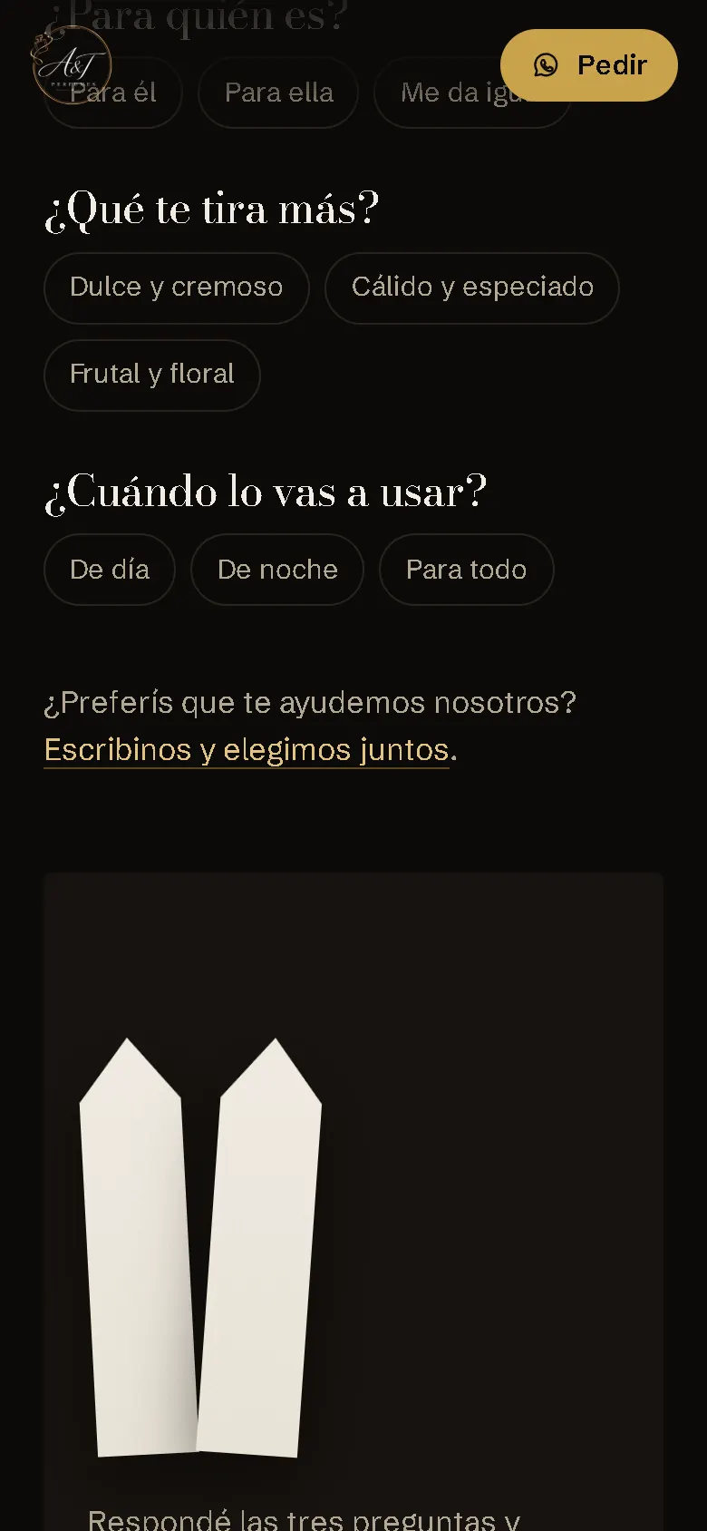 Demo de A&T Perfumes: ayuda para elegir con tres preguntas