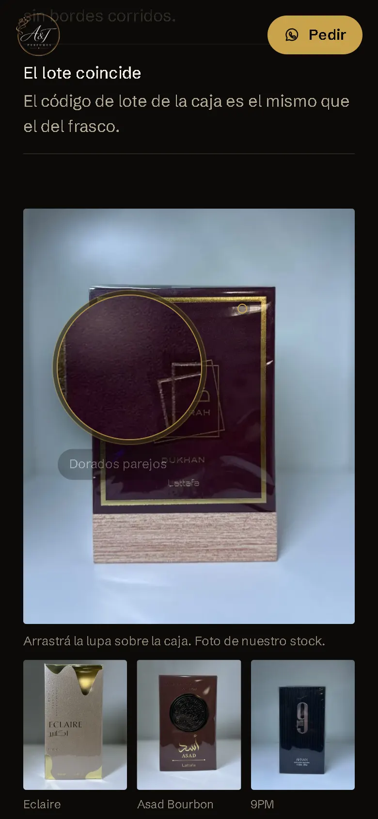 Sección de la demo de A&T Perfumes que muestra cómo reconocer un perfume original