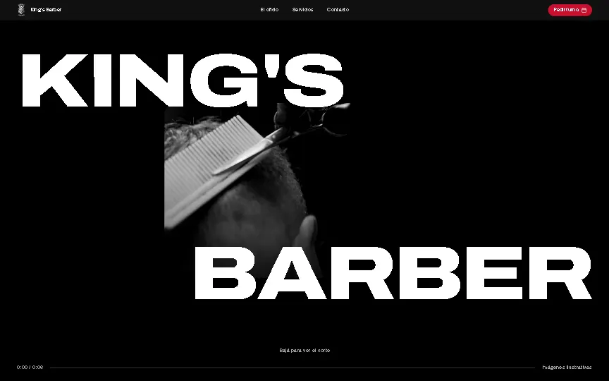 Portada de la demo de King's Barber en la computadora, con el nombre en letras grandes sobre una foto de un corte