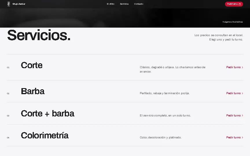 Lista de servicios de la demo de King's Barber: corte, barba, corte más barba y colorimetría