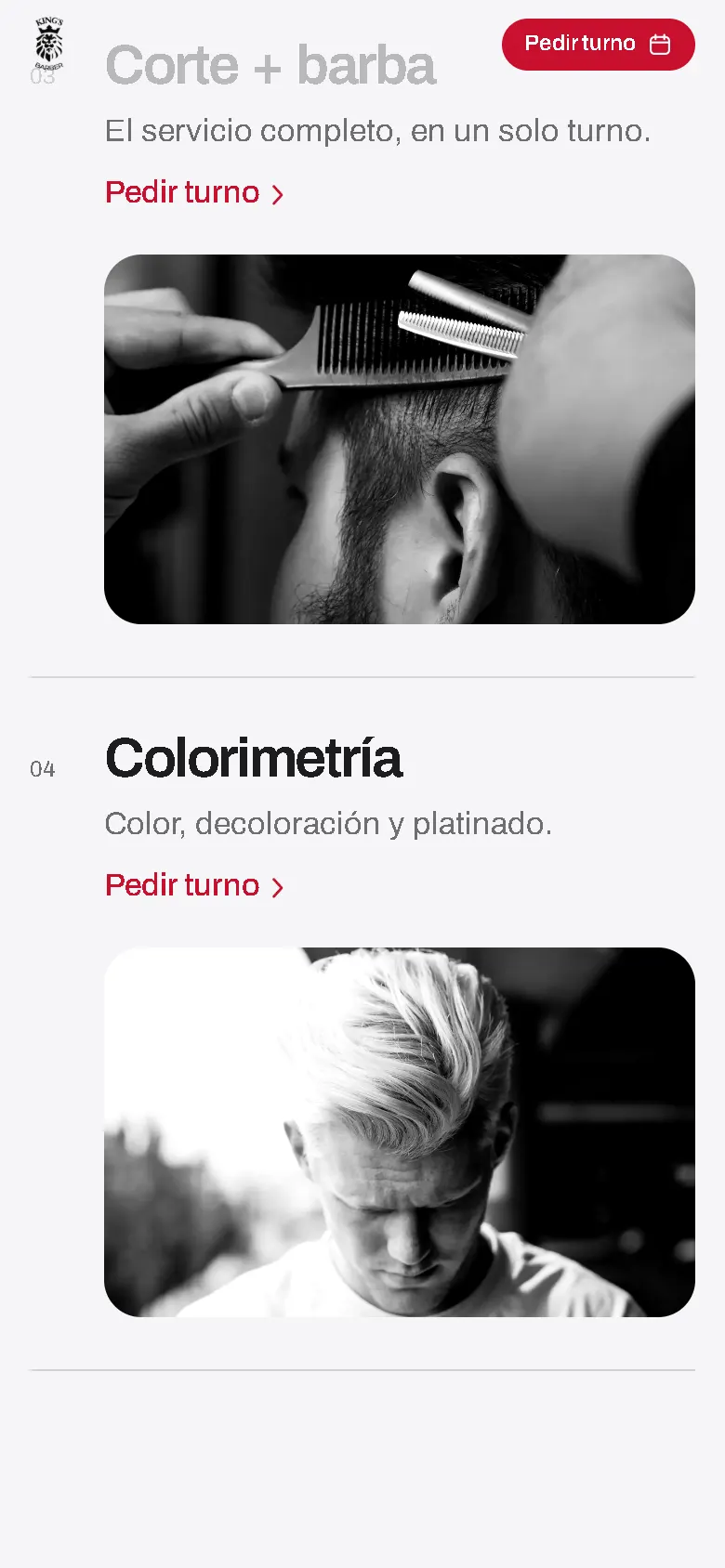 Demo de King's Barber en el celular con las tarjetas de servicio y el enlace Pedir turno